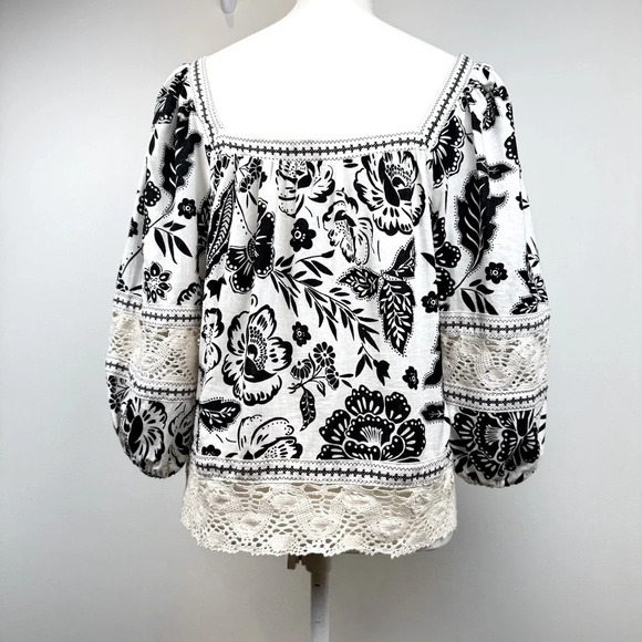 Christian Soriano Black and Cream Floral Boho Women's Top - Picture 3 of 6